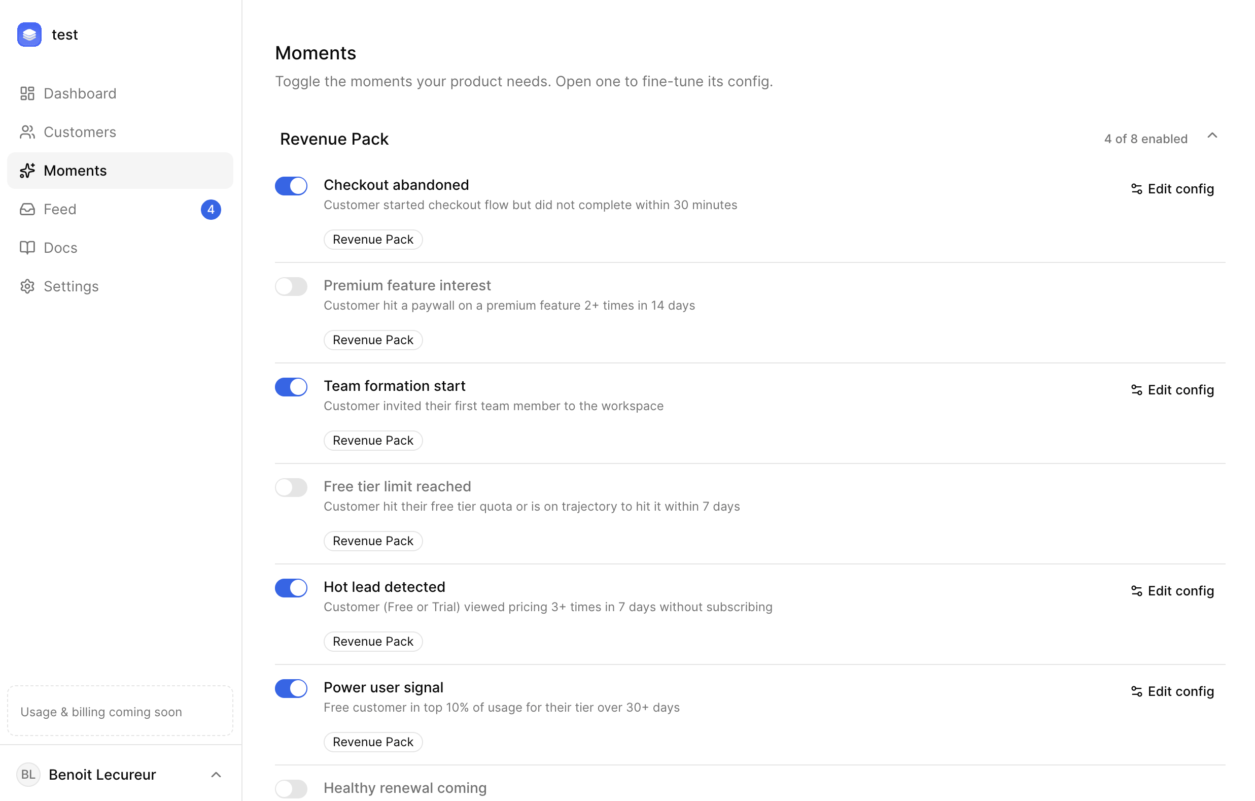 Nudje Moments configuration interface