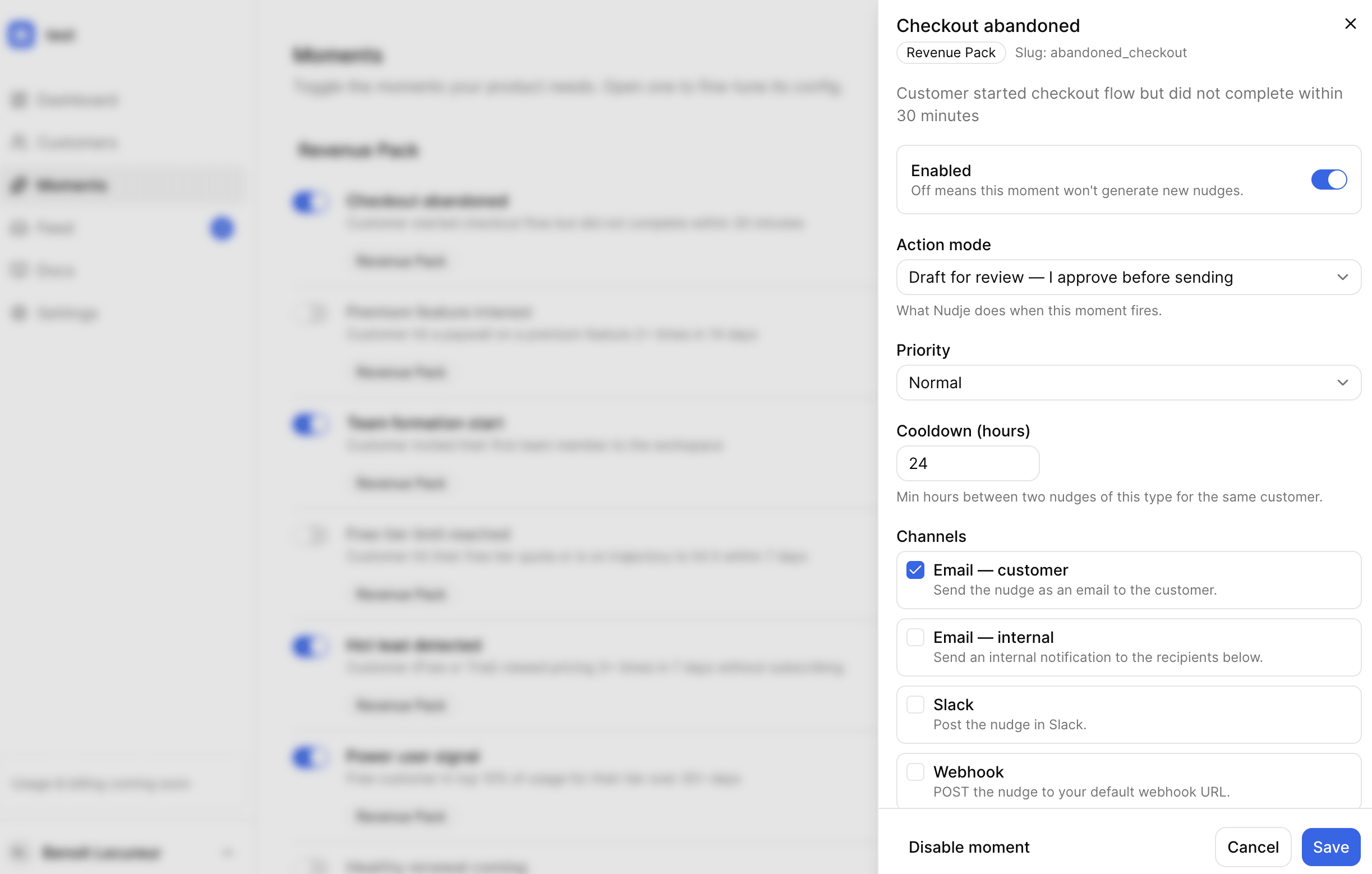 Moments configuration interface